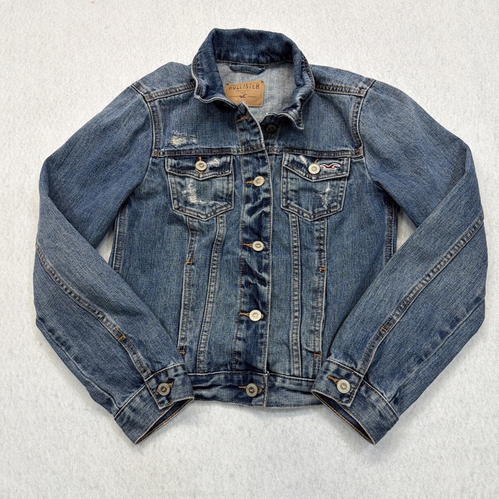 Hollister Women's S Cropped Distressed‎ Denim Jean Jacket Medium Wash Blue Y2K